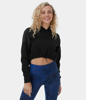 Halara Hooded Drawstring Contrast Mesh Cropped Yoga Sports Sweatshirt Women's Tops Black | FHVPELZ-38