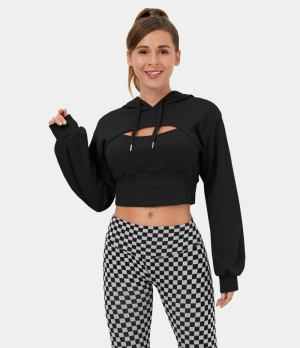Halara Hooded Drawstring Cut Out Corset Cropped Casual Hoodie Sweatshirt Women's Tops Black | QRFMZTX-76
