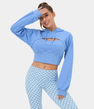 Halara Hooded Drawstring Cut Out Corset Cropped Casual Hoodie Sweatshirt Women's Tops Vista Blue | XLPOMWG-37