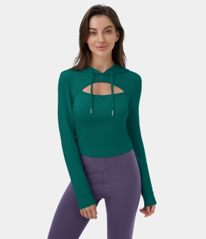 Halara Hooded Drawstring Cut Out Cropped Casual Hoodie Sweatshirt Women's Tops Storm | ALNVWTF-15