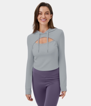 Halara Hooded Drawstring Cut Out Cropped Casual Hoodie Sweatshirt Women's Tops Grey | BPTGWNY-16