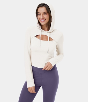 Halara Hooded Drawstring Cut Out Cropped Casual Hoodie Sweatshirt Women's Tops White | BWILAXJ-39
