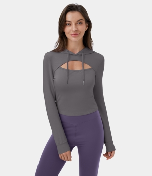 Halara Hooded Drawstring Cut Out Cropped Casual Hoodie Sweatshirt Women's Tops Smokey Grey | DTCGXJS-15