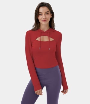 Halara Hooded Drawstring Cut Out Cropped Casual Hoodie Sweatshirt Women's Tops Lava Falls | LDUEVGA-13