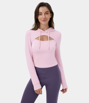 Halara Hooded Drawstring Cut Out Cropped Casual Hoodie Sweatshirt Women's Tops Cradle Pink | LREMTUP-29