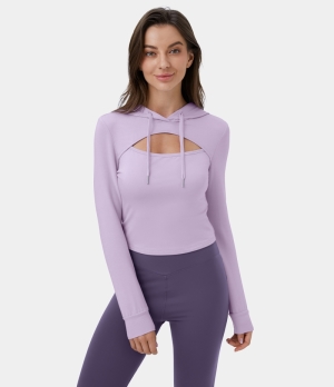 Halara Hooded Drawstring Cut Out Cropped Casual Hoodie Sweatshirt Women's Tops Lavender Fog | MKXVQPR-83