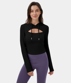 Halara Hooded Drawstring Cut Out Cropped Casual Hoodie Sweatshirt Women's Tops Black | SHRIDCT-15