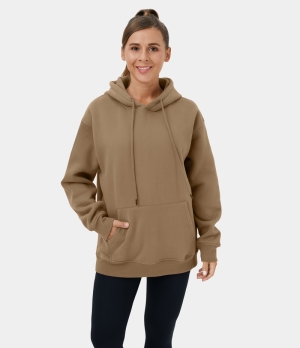 Halara Hooded Drawstring Dropped Shoulder Kangaroo Pocket Fleece Hoodie Sweatshirt Women's Tops Metallic Brown | AJVCELF-31