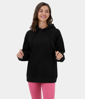 Halara Hooded Drawstring Dropped Shoulder Kangaroo Pocket Fleece Hoodie Sweatshirt Women's Tops Black | FHWLIJS-81
