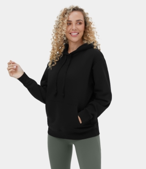 Halara Hooded Drawstring Dropped Shoulder Kangaroo Pocket Casual Sports Sweatshirt Women's Tops Black | IXGSMCV-59