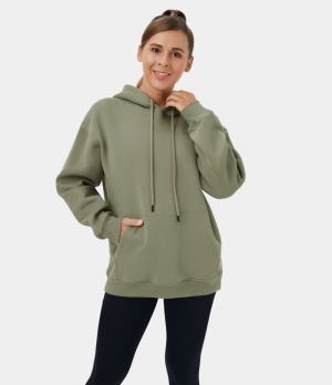 Halara Hooded Drawstring Dropped Shoulder Kangaroo Pocket Fleece Hoodie Sweatshirt Women's Tops Oil Green | NQIKTVF-62