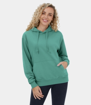 Halara Hooded Drawstring Dropped Shoulder Kangaroo Pocket Casual Sports Sweatshirt Women's Tops Agate Green | OBCVGXR-70