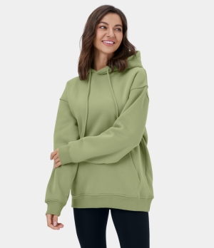 Halara Hooded Drawstring Dropped Shoulder Kangaroo Pocket Fleece Hoodie Sweatshirt Women's Tops Sage | YIFHXOL-17