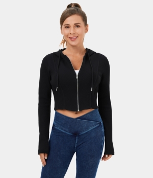 Halara Hooded Drawstring Full Zip Cropped Waffle Casual Hoodie Sweatshirt Women's Tops Black | POFZCLB-05