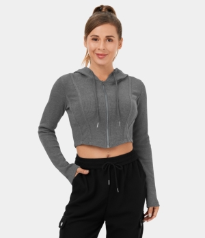 Halara Hooded Drawstring Full Zip Cropped Waffle Casual Hoodie Sweatshirt Women's Tops Gunmetal | PZHDAWV-15