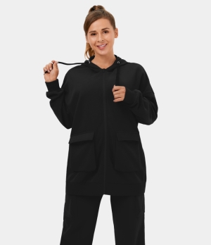 Halara Hooded Drawstring Full Zip Flap Pocket Fleece Casual Cargo Jacket Women's Tops Black | MTNLEGO-31