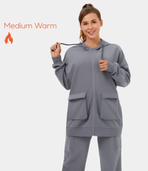 Halara Hooded Drawstring Full Zip Flap Pocket Fleece Casual Cargo Jacket Women's Tops Quicksilver | TWZLOBU-63