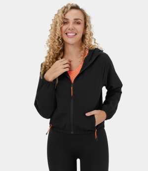 Halara Hooded Drawstring Full Zip Pocket Cropped Casual Jacket Women's Tops Black | VZCPITK-20