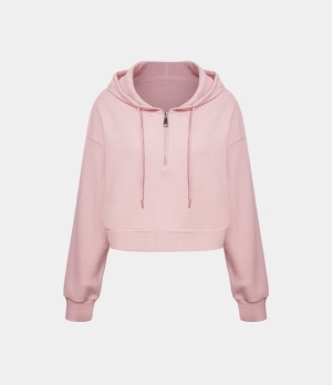 Halara Hooded Drawstring Half Zip Cropped Waffle Casual Hoodie Sweatshirt Women's Tops Potpourri | EAOBMZS-51