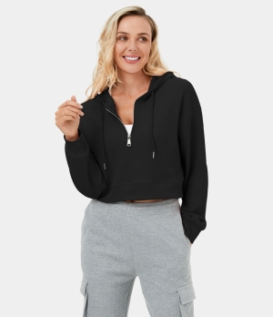 Halara Hooded Drawstring Half Zip Cropped Waffle Casual Hoodie Sweatshirt Women's Tops Black | KMJWURS-27