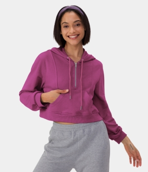 Halara Hooded Drawstring Half Zip Kangaroo Pocket Cropped Pullover Hoodie Sweatshirt Women's Tops Red Violet | BRXGADS-75