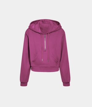 Halara Hooded Drawstring Half Zip Kangaroo Pocket Cropped Pullover Hoodie Sweatshirt Women's Tops Red Violet | YDURATQ-57