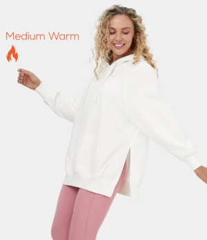 Halara Hooded Drawstring Kangaroo Pocket Side Split Fleece Casual Hoodie Sweatshirt Women's Tops White | HFAGVJP-08