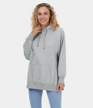 Halara Hooded Drawstring Kangaroo Pocket Side Split Fleece Casual Hoodie Sweatshirt Women's Tops Mottled Grey | LIQPSDO-18