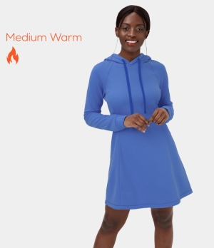 Halara Hooded Drawstring Long Sleeve Fleece Casual Mini Women's Dress Klein Blue | 048723-QRY