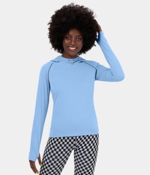 Halara Hooded Drawstring Thumb Hole Yoga Sports Women's Tops Wathet Blue | KSNGWTE-92