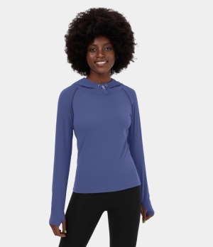 Halara Hooded Drawstring Thumb Hole Yoga Sports Women's Tops Marlin | OLBXYPI-62