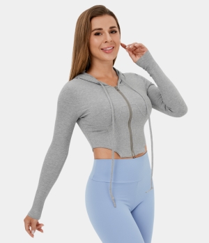 Halara Hooded Drawstring Zipper Curved Hem Cropped Casual Hoodie Sweatshirt Women's Tops Harbor Mist | EDYJURC-17
