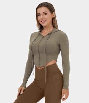 Halara Hooded Drawstring Zipper Curved Hem Cropped Casual Hoodie Sweatshirt Women's Tops Fallen Rock | THACSFM-50