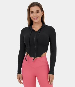 Halara Hooded Drawstring Zipper Curved Hem Cropped Casual Hoodie Sweatshirt Women's Tops Black | TZDJAIY-46