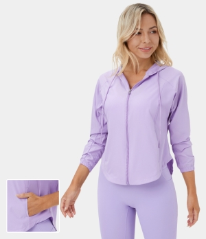 Halara Hooded Drawstring Zipper Side Pocket Curved Hem Yoga Jacket Women's Tops Light Purple | GHQNKBD-39