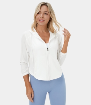 Halara Hooded Drawstring Zipper Side Pocket Curved Hem Yoga Jacket Women's Tops White | MBOQICR-63