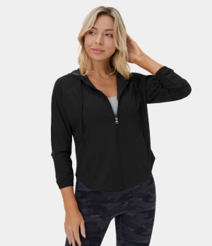 Halara Hooded Drawstring Zipper Side Pocket Curved Hem Yoga Jacket Women's Tops Black | RAQDVKB-30