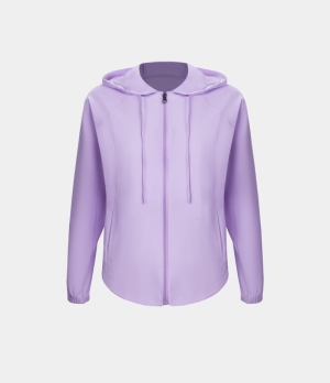 Halara Hooded Drawstring Zipper Side Pocket Curved Hem Yoga Jacket Women's Tops Light Purple | USPAZIF-52