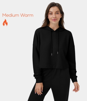 Halara Hooded Dropped Shoulder Drawstring Cropped Fleece Casual Hoodie Sweatshirt Women's Tops Black | HWTCPQN-12