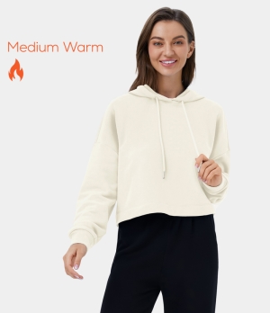 Halara Hooded Dropped Shoulder Drawstring Cropped Fleece Casual Hoodie Sweatshirt Women's Tops Coconut Milk | JWDGZMF-46