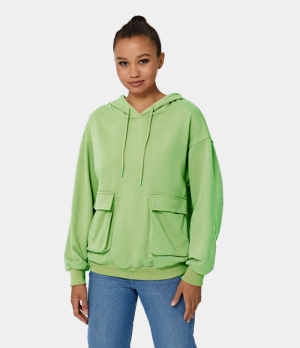 Halara Hooded Dropped Shoulder Flap Pocket Sports Sweatshirt Women's Tops Grey Green | SBJTHPM-98
