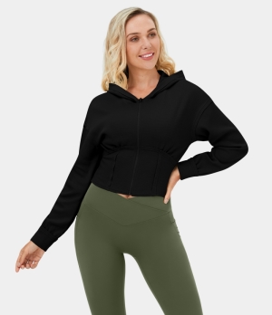 Halara Hooded Full Zip Corset Cropped Waffle Casual Hoodie Sweatshirt Women's Tops Black | MDGKBNJ-41