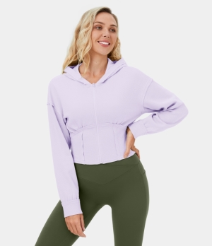 Halara Hooded Full Zip Corset Cropped Waffle Casual Hoodie Sweatshirt Women's Tops Orchid Tint | RDEQOVB-70