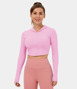 Halara Hooded Full Zip Cropped Yoga Jacket Women's Tops Pink Frosting | PQZKASX-59