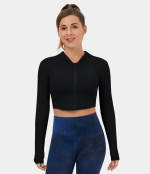 Halara Hooded Full Zip Cropped Yoga Jacket Women's Tops Black | ZJPRIDH-74