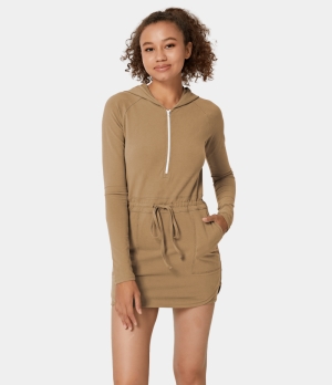 Halara Hooded Half Zip Drawstring Side Pocket-No Liner Shorts Women's Dress Khaki | 045831-WAU