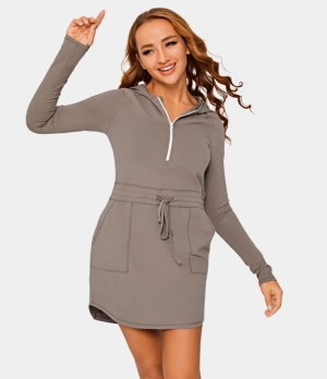 Halara Hooded Half Zip Drawstring Side Pocket-No Liner Shorts Women's Dress Mocha Brown | 983765-HLK
