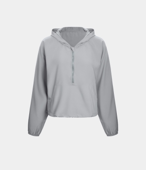 Halara Hooded Half Zip Kangaroo Pocket Drawstring Yoga Jacket Women's Tops Silver | EUFOMTK-79