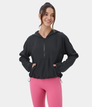 Halara Hooded Half Zip Kangaroo Pocket Drawstring Yoga Jacket Women's Tops Black | NYQPGTA-69