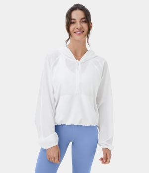 Halara Hooded Half Zip Kangaroo Pocket Drawstring Yoga Jacket Women's Tops White | VRMTKHG-60